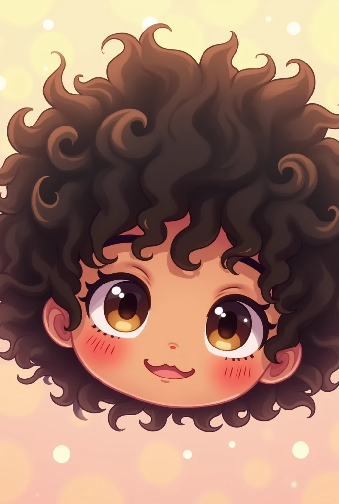 Head of a chibi girl, black curly hair,light brown eyes.