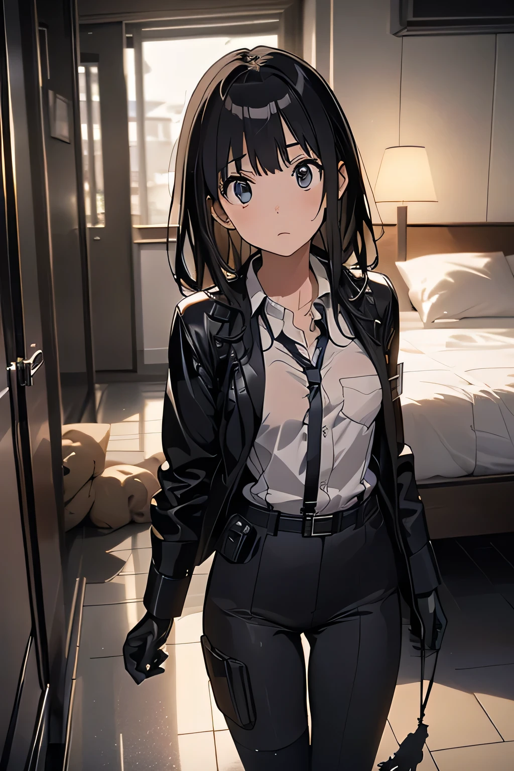 1 female, , high quality, masterpiece, Ultra-high resolution, , Cinema Lighting, , , And the suspenders with the cranes flying　　　Large Breasts　 　 　　　　Small face　 　　　holster　　　　　　　 Lying in bed　Looking up　　　　Sweat 　　　belt　summer　脇Sweat 　Black Hole Gloves　suit　shirt　　Black jacket　 Black trousers　Leg Links　ズボンにbelt　　holster　 　　Hands behind your back　 Anxious expression　Looking up　Anxious face, legs apart　Armament　　Cable ties　レッグholster　holster　See-through clothing　heavy rain　Getting wet in the rain