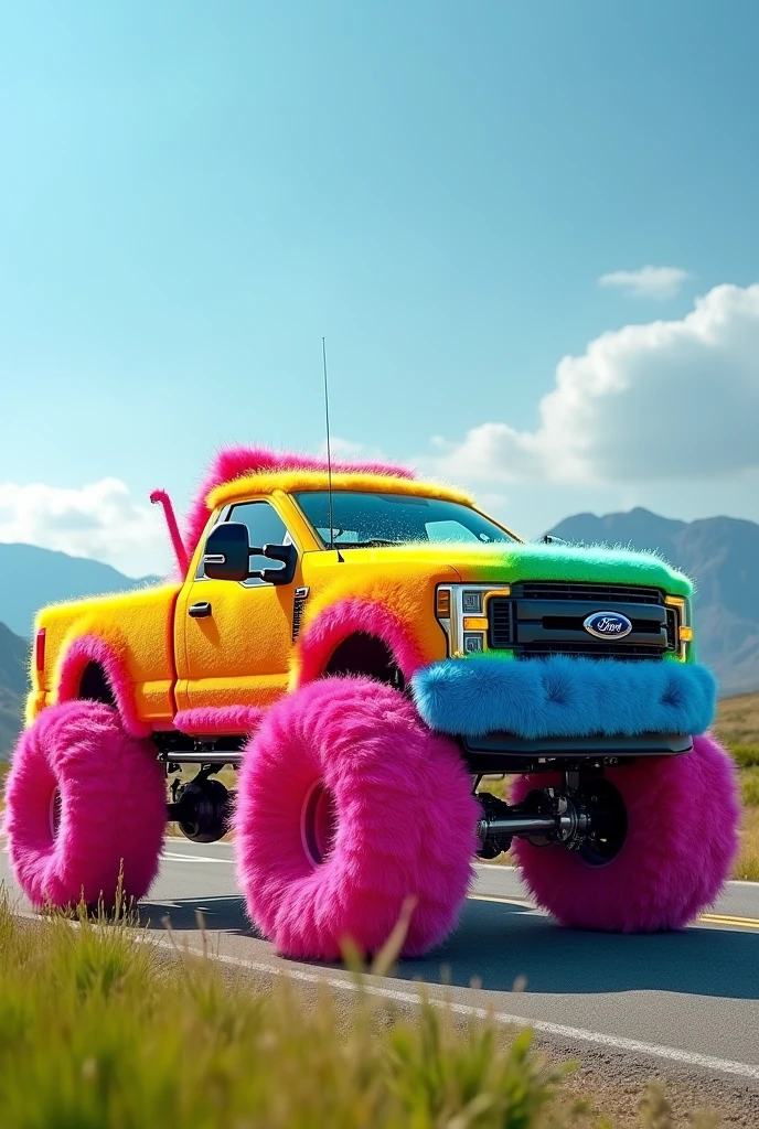 A heavy duty Ford pickup covered entirely with rainbow colored fur, with the tires covered with pink fur
