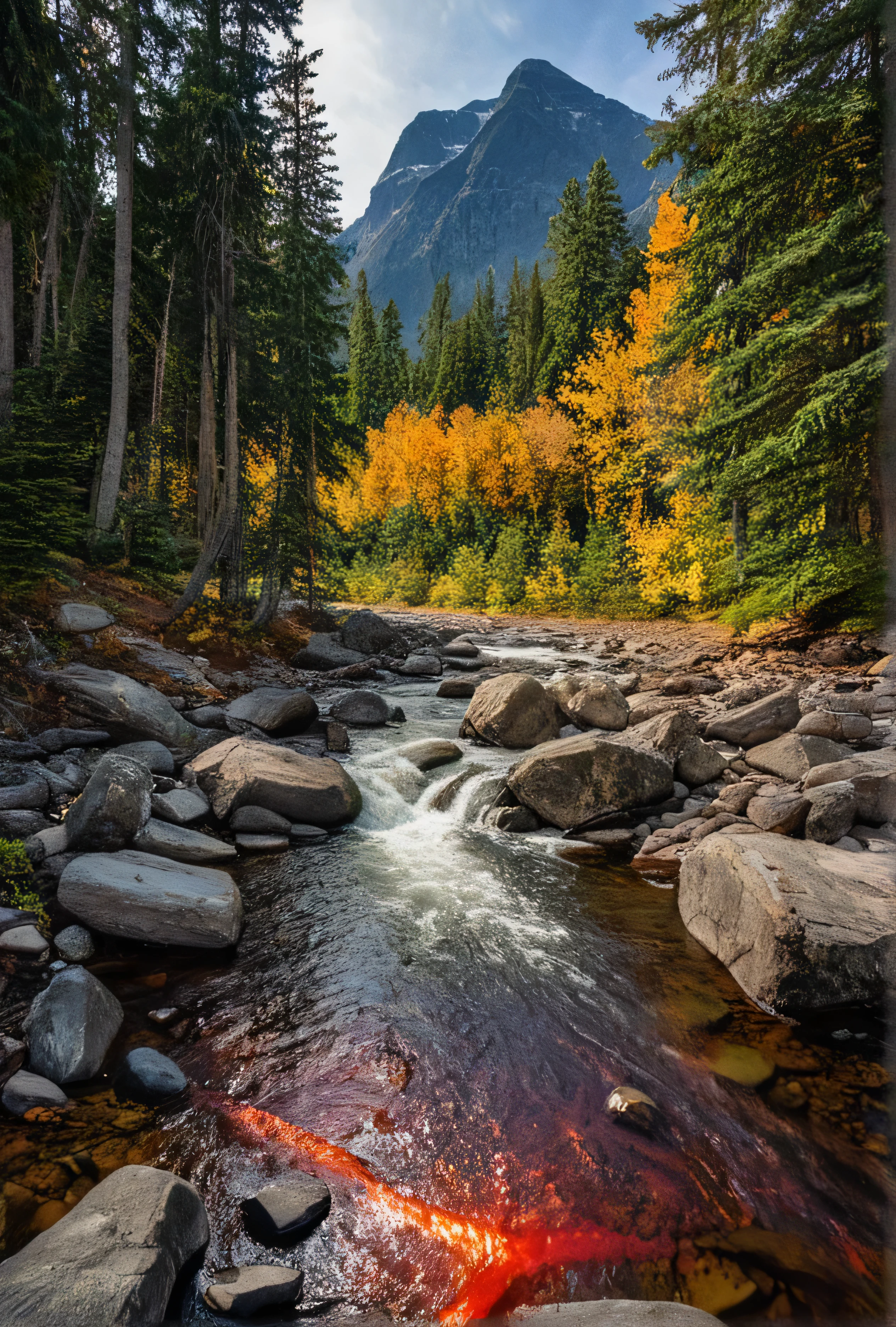(Glossy HDR contrast)(Neutral density gradient filter sky)(bright over-saturated floor level photo within Canadian Mountain Range, National Park height of fall colors)(reds, yellows)(cold air after heavy rainfall rushing molten river torrent)(perfect PM lighting conditions with god rays feeling of splendor and humility)(long exposure on wide format)(rays of sunshine on the forest floor)(ancient pagan alter in foreground)(with true film high dynamic range award winning image, legacy artwork, 8k)(processing: .25 unsharp mask, S curve, dodge and burn, mid-level contrast, dark edge vignette)
ral-exposure