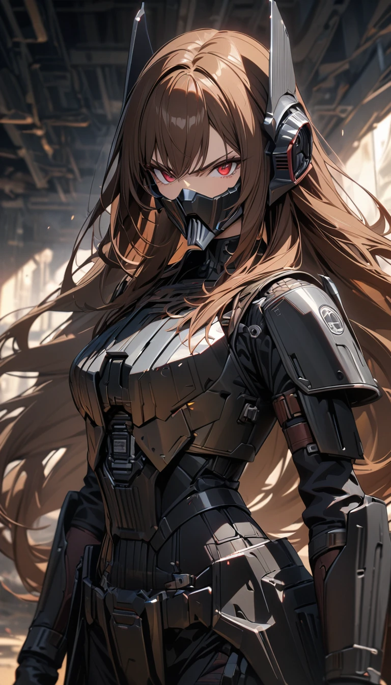 Adult girl, very long brown hair, red eyes, black Mandalorian armor, serious, Masterpiece, best quality, Full HD, 8k, ultra details, great graphic