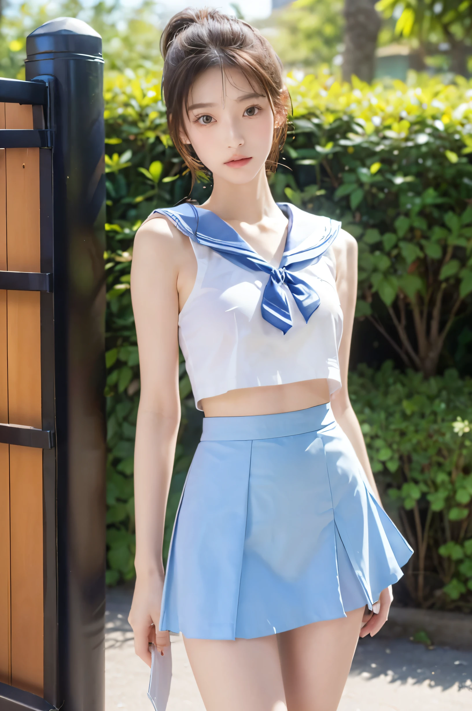 (Ultra HD), (looking at the camera), (Light blue sailor suit, Light blue mini skirt), Big Breasts, slender, Narrow waist, (The belly button is visible:0.8), whole body, Standing posture, (Beautiful Skin, Shiny skin, White skin), (Super slim face, Super beautiful face, No makeup), (light brown, ponytail, Layered Cut, Fluffy hair), (double eyelid, Slanted Eyes), Small Nose, Thin lips, (Thin legs:1.2), (Thin thighs:1.2), (Thin Hips:1.4), In front of the school gate