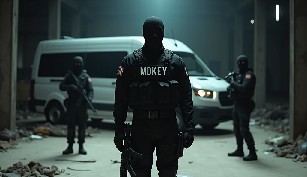 Photorealistic photograph of a modern military man in an all-black uniform. It stands in an abandoned hangar., illuminated by a single spotlight, directed at him. His bulletproof vest is emblazoned with the words “MDKEY” in large white letters.. The atmosphere is tense, full of mystery, with a sense of hidden danger. details: A soldier holds an American assault rifle model M4A1 in his hand, his face is hidden under a black mask, the remains of military equipment are scattered on the floor. Behind him, in shades, there is a white minivan with fully tinted windows. To the left and right of this military man, a little further away, there are two of the same soldiers in black uniforms, with weapons at the ready. One of them is slightly to the left of the center., the other one is a little to the right.