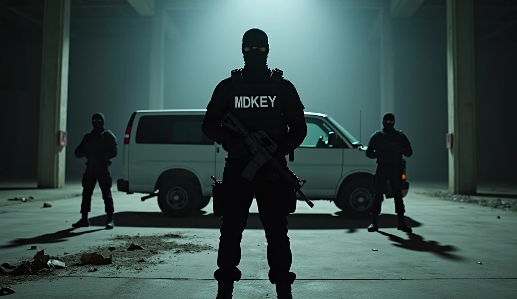 Photorealistic photograph of a modern military man in an all-black uniform. It stands in an abandoned hangar., illuminated by a single spotlight, directed at him. His bulletproof vest is emblazoned with the words “MDKEY” in large white letters.. The atmosphere is tense, full of mystery, with a sense of hidden danger. details: A soldier holds an American assault rifle model M4A1 in his hand, his face is hidden under a black mask, the remains of military equipment are scattered on the floor. Behind him, in shades, there is a white minivan with fully tinted windows. To the left and right of this military man, a little further away, there are two of the same soldiers in black uniforms, with weapons at the ready. One of them is slightly to the left of the center., the other one is a little to the right.