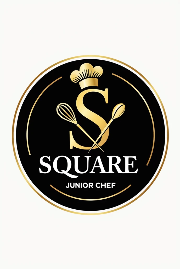 Logo for s square junior chef restaurant in circle shape with symbol of ssquare and adding some chef boy vibes with black and golden colour theme