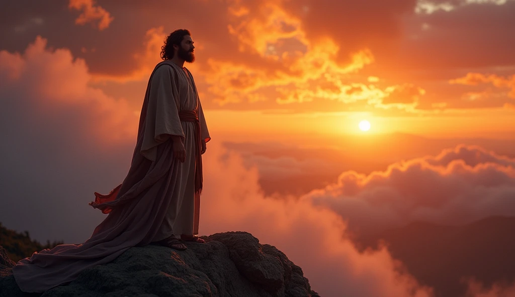 An image of John the Baptist in a solemn scene, with a serious and determined look, on a mountain at sunset. The warm colors of the sunset contrast with the seriousness of his gaze, evoking a sense of spiritual urgency.