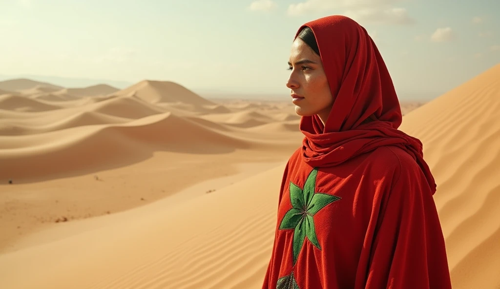 Morocco as a marrakesh League of Legend sand creature in bright red with a palm green morocco five-pointed star. Intricated clothing. Cinematic Fantasy sci-fi landscape background
