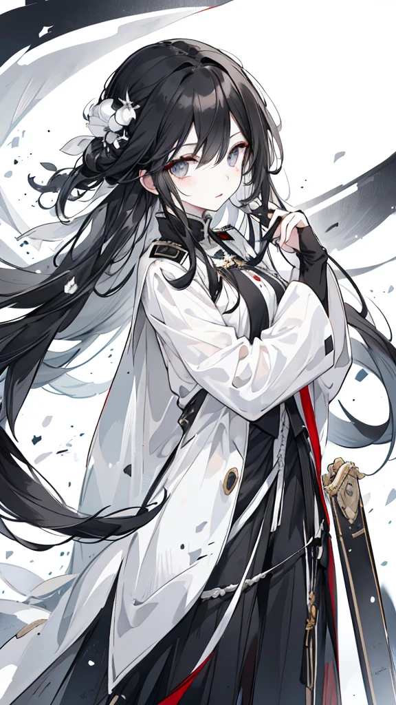 wagtail，Long black hair，Hair tips are white，Different colored eyes，The eyes are different color，The left eye is black，Right eye is silver，White military uniform with black decoration