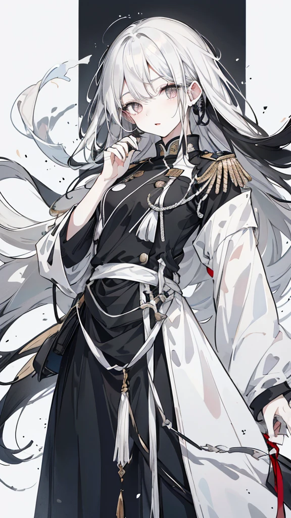 wagtail,Long black hair,Hair tips are white,Different colored eyes,The eyes are different color,The left eye is black,Right eye is silver,White military uniform with black decoration