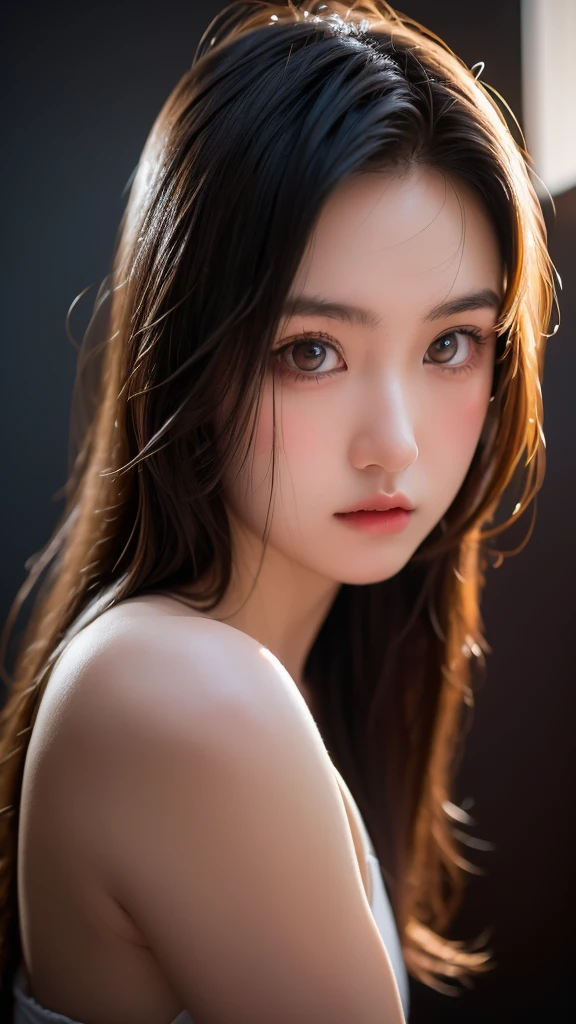 An 8k masterpiece, the highest resolution, every detail, meticulous detail, depth of field, bright colors, beautiful composition: an 18-year-old adolescent girl with black hair and beautiful innocent eyes in stunning detail, standing on a dark and ominous background.