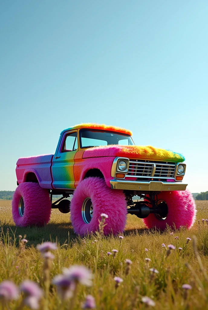 A heavy duty Ford pickup covered entirely with rainbow colored fur, with the tires covered with pink fur