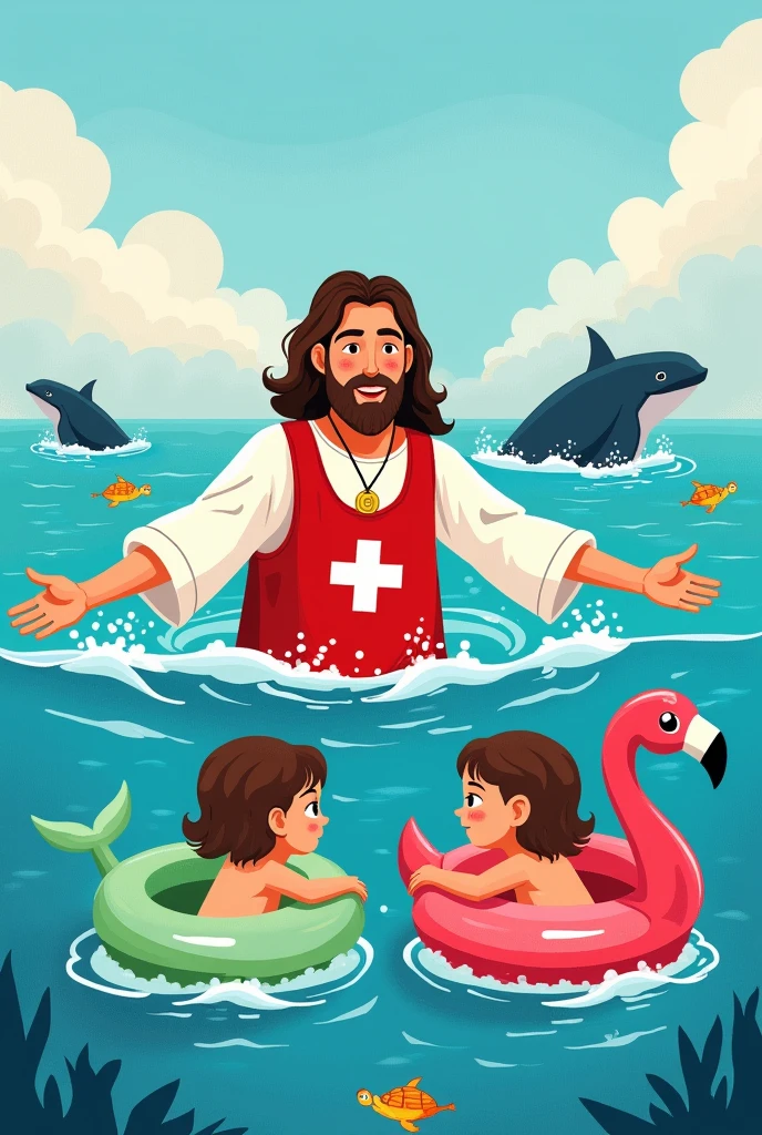 Make a blouse design pattern I want a Jesus design dressed as a lifesaver.
I want Jesus in the sea saving 2 children, children need to wear floaties.
In the sea add fish, tortoise, and whale.
I want the art of the print in drawing Add the theme Jesus saves lives.