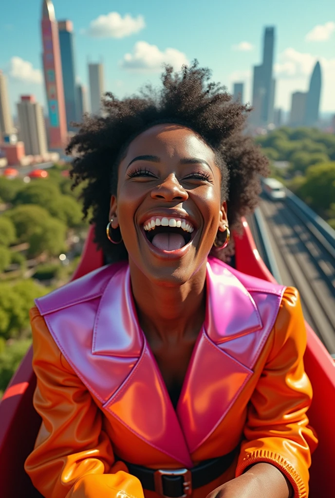 aerial photo of a jade sudanese female happily joyful in a roller coaster, roller coaster fun ride, sunny futuristic landscape, wearing a eros latex blouse with pink mirroring reflective collar and liquid-lacquered leggings, uploaded to tik tok