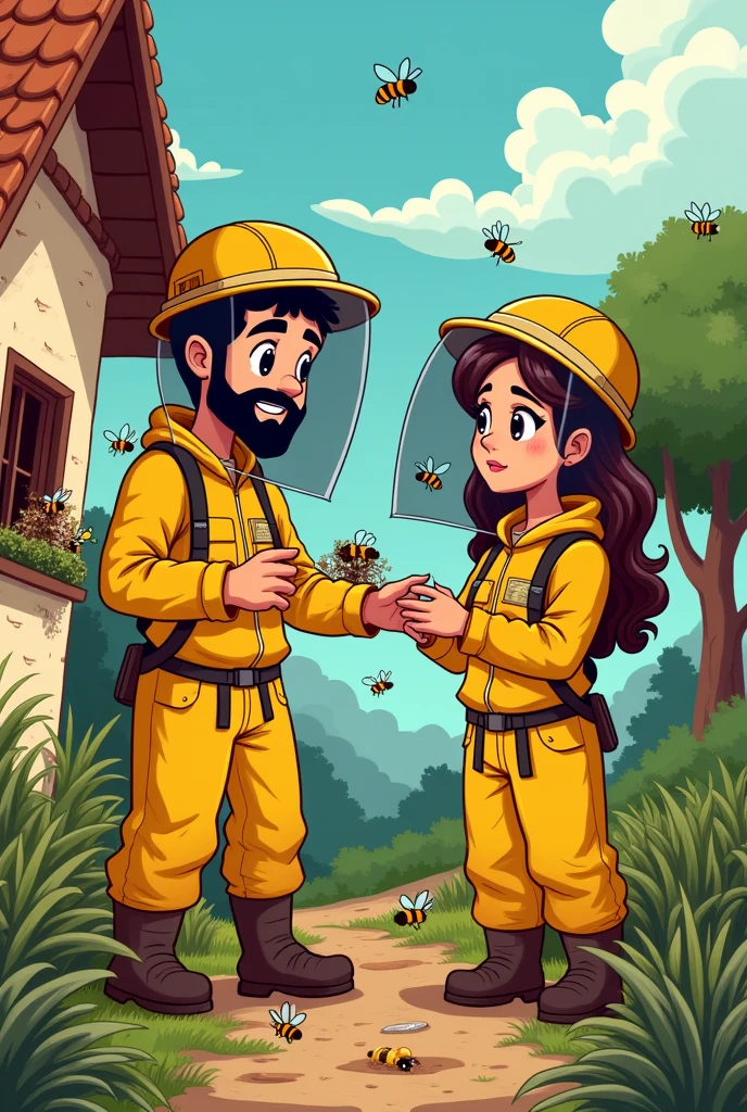 the image must have a cartoon style, with a written sentence " Problems with bees ? I called (17)99181-6498, we serve the extreme region, Camanducaia, Cambui and Braganca Paulista"
Generate an image of two beekeepers, one man and one woman, in yellow beekeeping clothing, the man must be young and have a black beard, eyes black e tom de pele branca
, Lebanese traits , black short hair, eyes black, small-nose, the woman must have brown hair and European features, com olhos castanhos, removing bees from a house, using safety equipment and placing the bees in a box, the image must have a cartoon style, with a written sentence " Problems with bees ? I called (17)99181-6498, we serve the extreme region, Camanducaia, Cambui and Braganca Paulista" everything must be written in Portuguese. They must be handling equipment and accessing a nest in a house