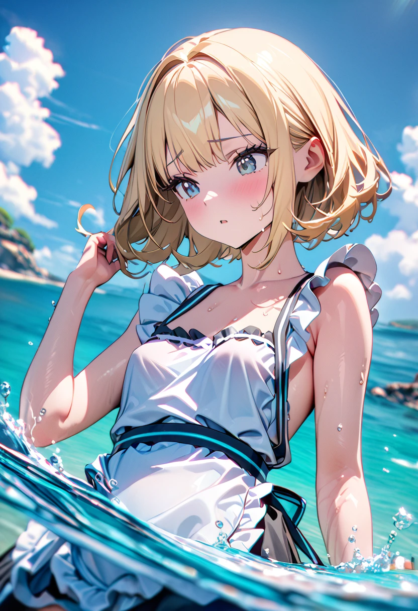 (8k, super high quality, masterpiece), (detailed), One Woman, Small breasts, Blonde, cute, Blue ribbon, Apron dress, Maid clothes, Ocean, Bathing, Submerged in clothes, splash, 