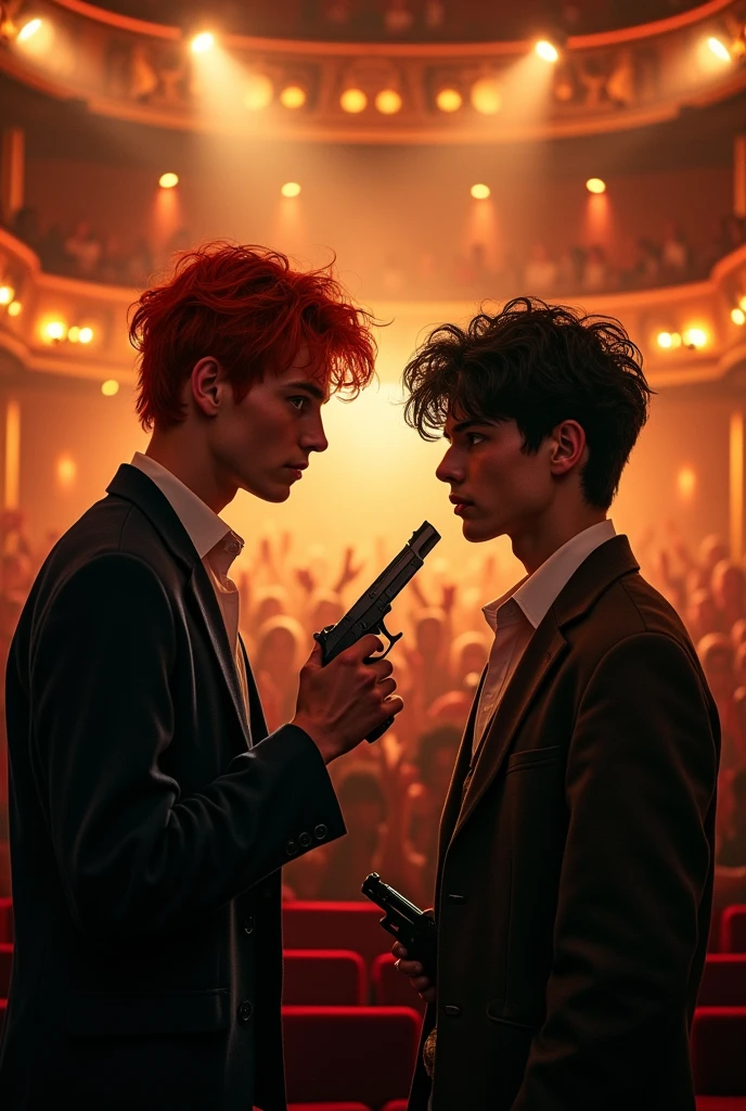 General an image of a theater where there are two young people, One with red hair and green eyes looking at the other young man with black hair and blue eyes looking at him with longing, while in the background the public is applauding, and these two young men with red hair point at the other with a knife while the one with black hair with a gun