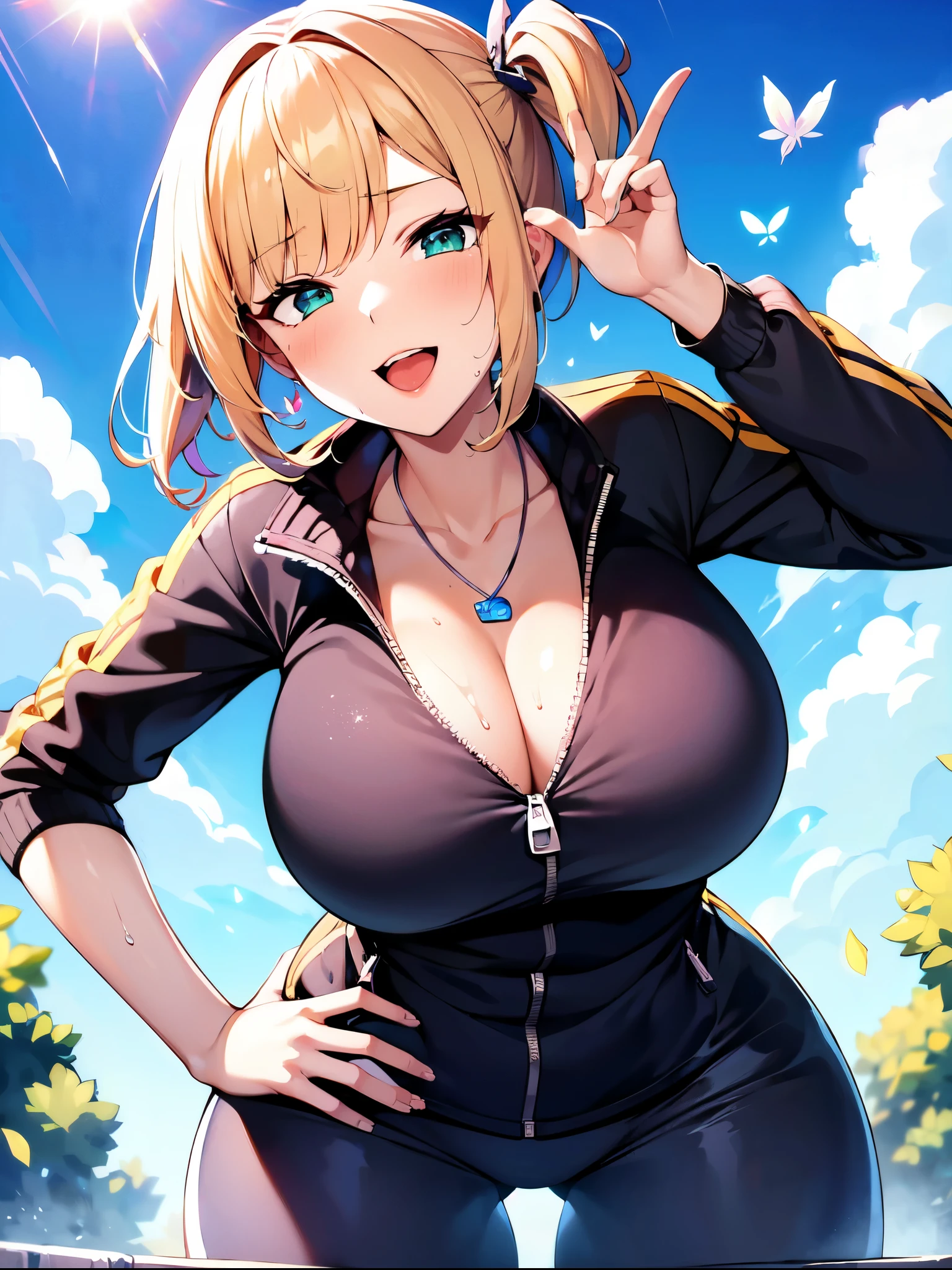 ((super high quality,Ultra-high resolution,16K,super masterpiece,Ultra HD,Ultra high definition:1.3,))One Girl,18-year-old,(Blonde:1.5,Short wavy hair:1.3),Short Side Ponytail,(Butterfly Shape,Black and purple hair band:1.4,)Emerald eyes,Cleavage,sexly,((Opened to the chest,tight,Light pink:1.3,One-piece sweat suit:1.5,))(popped collar,tight襟,Large collar,Fine zipper:1.3,)(light blue butterfly necklace:1.2,)To the camera,Smiling happily,Close one eye, V-sign with one hand,Place one hand on hip,leaning forward with her body angled forward,Sweaty,(A lot of water splashes all over the body:1.5,)Angle looking up from below,a blue sky with clouds and sun,