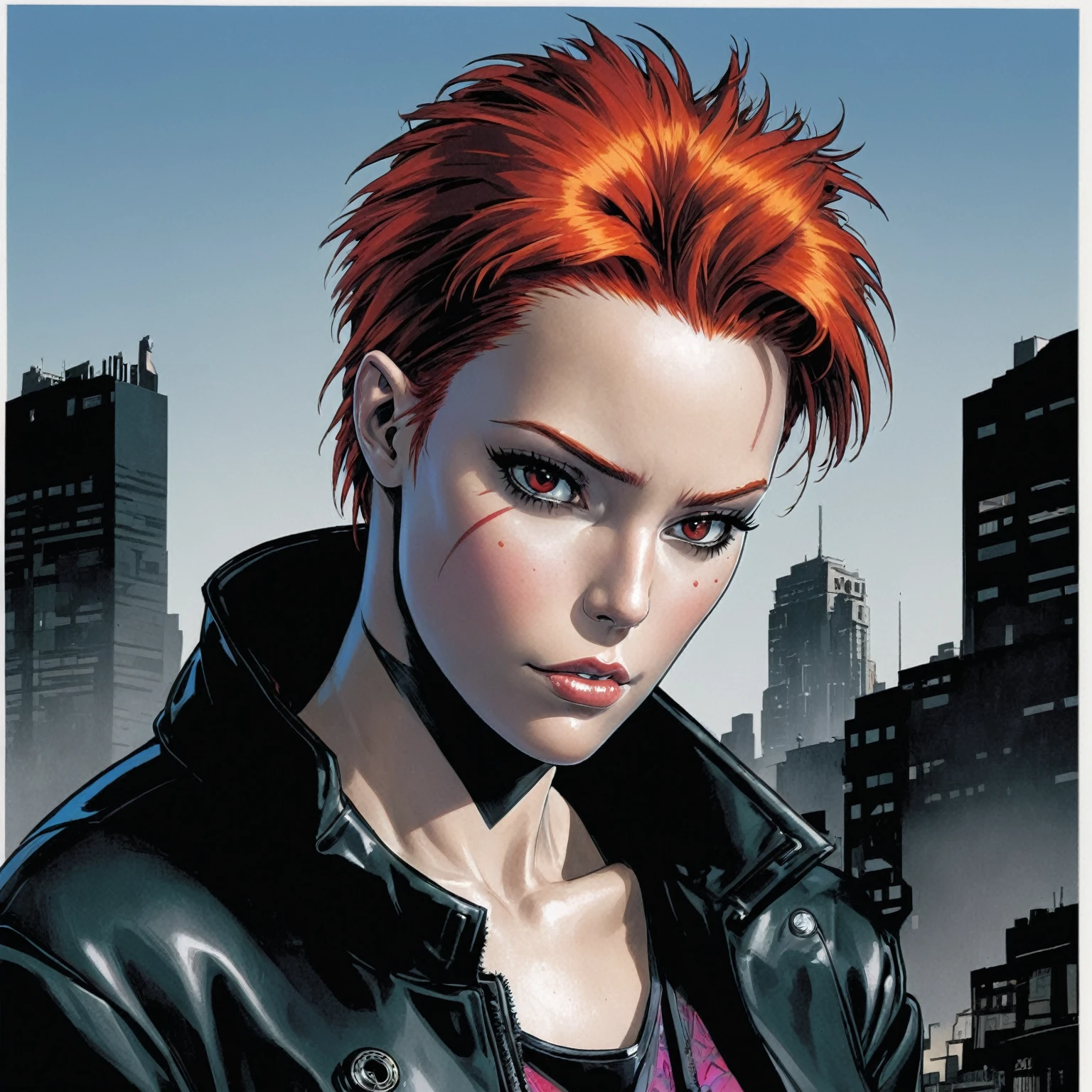 a close up of a person with a red hair and a black jacket, the sandman from graphic novel, comic book character, jason fabok. greg staples, comics sandman, profile shot, beautiful female neuromancer, by Steve Dillon, molly from neuromancer, phil jimenez, jamie mckelvie comic art, chris bachalo, as illustrated in top cow comics