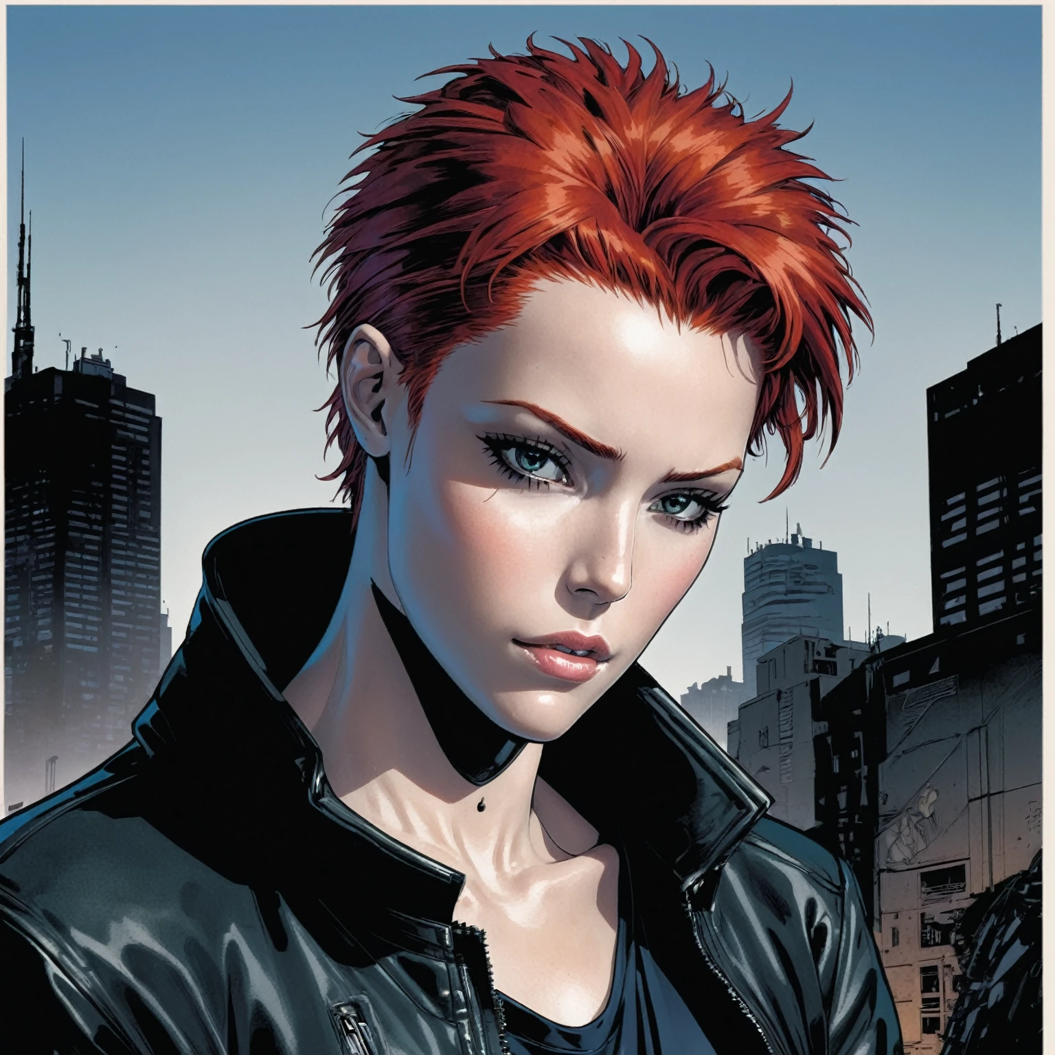 a close up of a person with a red hair and a black jacket, the sandman from graphic novel, comic book character, jason fabok. greg staples, comics sandman, profile shot, beautiful female neuromancer, by Steve Dillon, molly from neuromancer, phil jimenez, jamie mckelvie comic art, chris bachalo, as illustrated in top cow comics