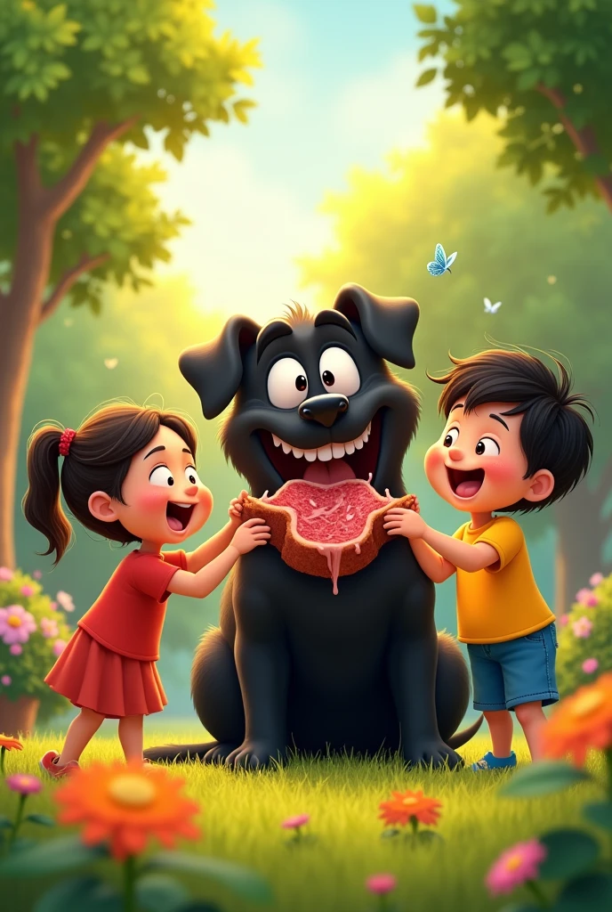Animation Eat meat larg black dog family 

