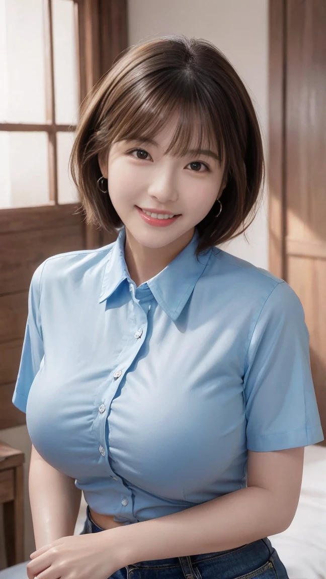 (((Highest quality))), (((masterpiece))), (((Ultra-high resolution))), (((Realistic)))、(((Realistic:1.4))), (((Big Breasts:1.3))), (((Photo album)))、(((8k))), Beautiful lighting, Bright lighting, Sensual, Beautiful woman, (((Short Bob))), (((Brown ash))), Beautiful Skin, Fine skin, 魅惑的なsmile, Background Blur, smile, Hair above the ears, beautiful girl, (((Fair skin))), Plump body, (((shirt))), colorful