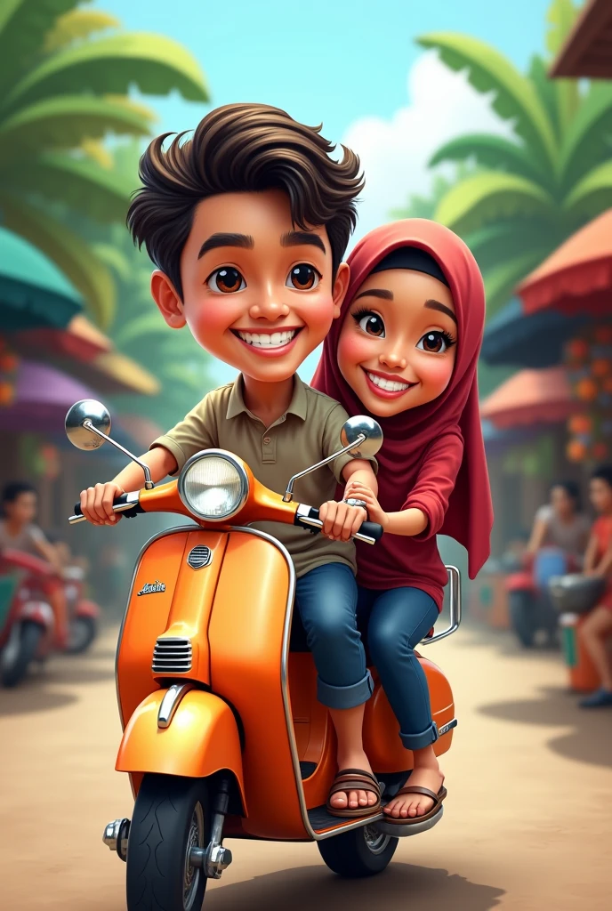 Make me a 4d character caricature of an Indonesian man, using wodi, thick hair, oval face, slanted eyes, mole on left cheek, Riding a Vespa motorbike with an Indonesian woman wearing a hijab, oval face, fair skin, lips are quite thick 