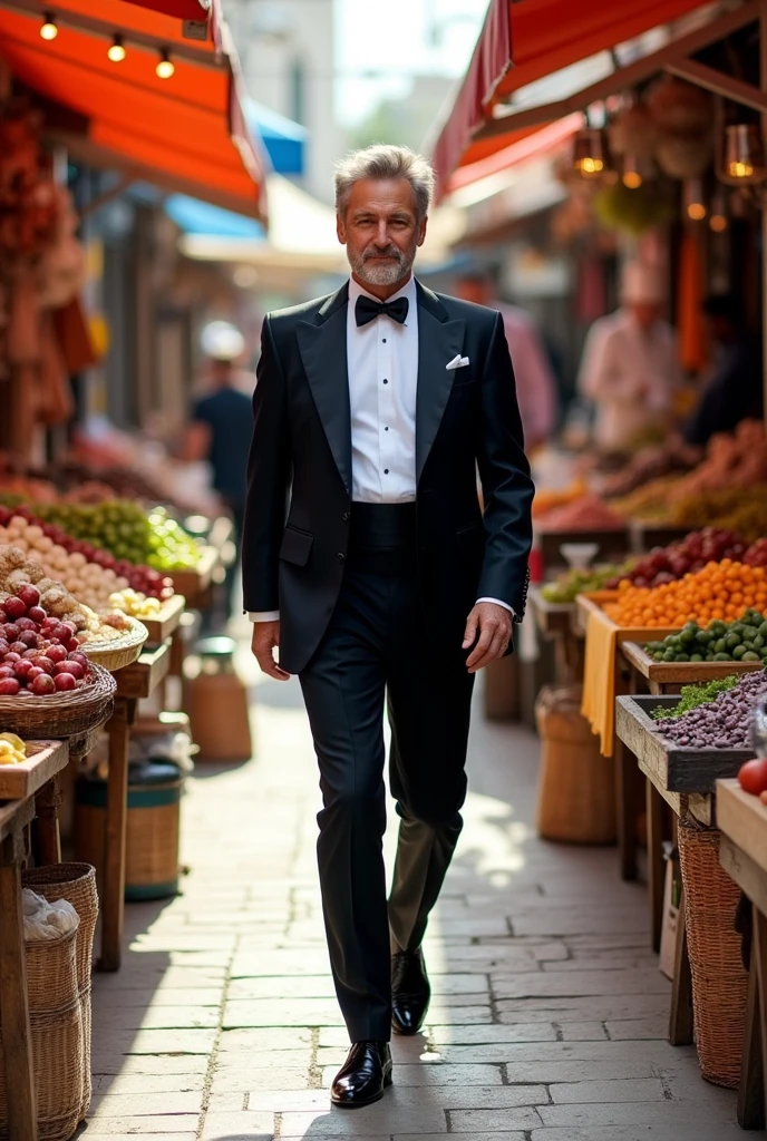 A person in a tuxedo talking and walking in a local Greek market
