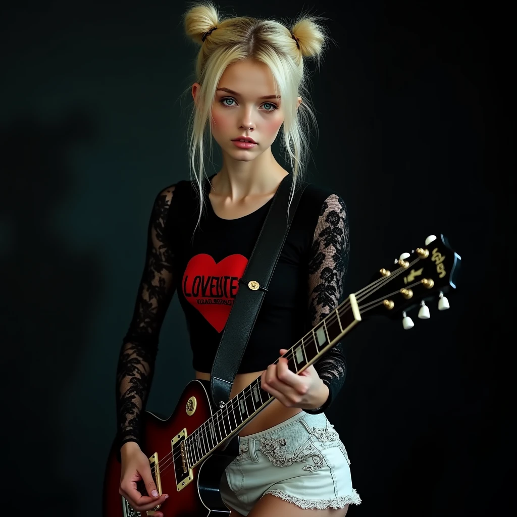 Russian style, girl children, portrait, long blonde hair with red leather jacket and black clothing, background with amplifiers and guitars,. --auto --s2