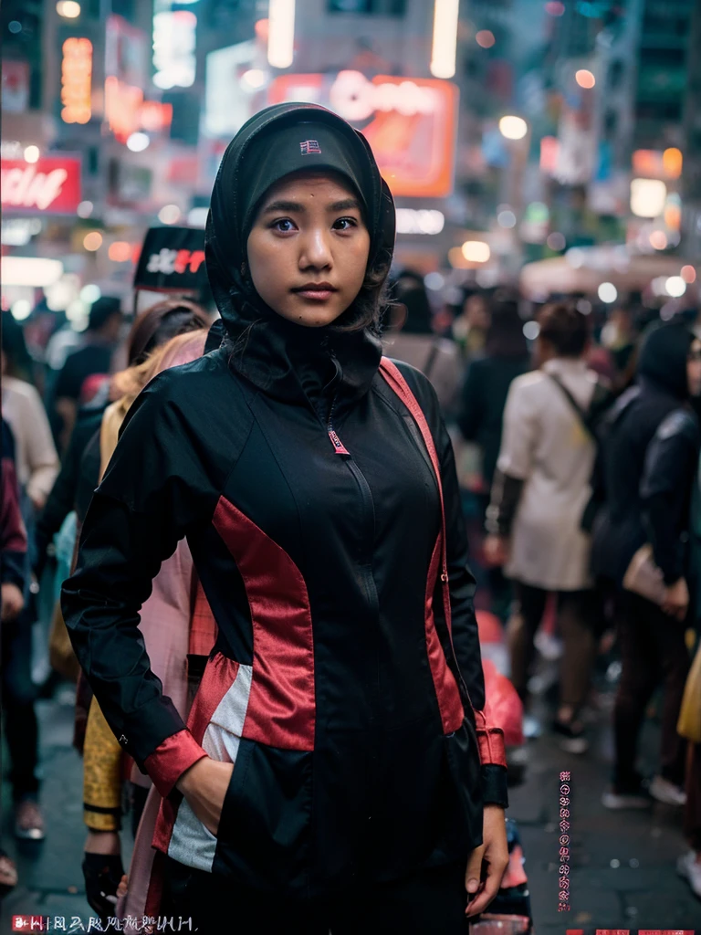 a Malay teenage girl wearing a hijab and mecha suit standing in action in front of the busy streets of Jakarta, serious face, night, 35mm lens, extreme close-up, red and black pastel color gradations, depth of field cinematography effects, film noir genre, 8k resolution, high quality, very detailed