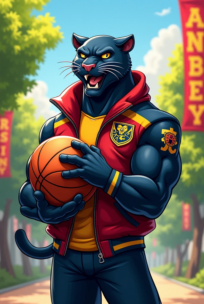 Cartoon panther with muscles wearing a jacket and holding a ball representing a university