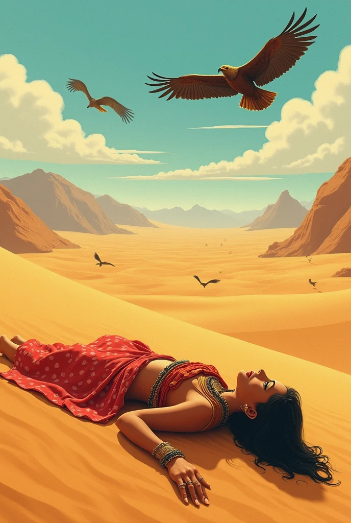 Sasi dying in the desert but his eyes waiting for her beloved Punoo. Vulture are waiting to eat her after dying. Sasi was a female and Punoo was her beloved. It is a folk tale from the Pakistan. Please draw image of female at the distance on the up side. It should be seen too much far.
