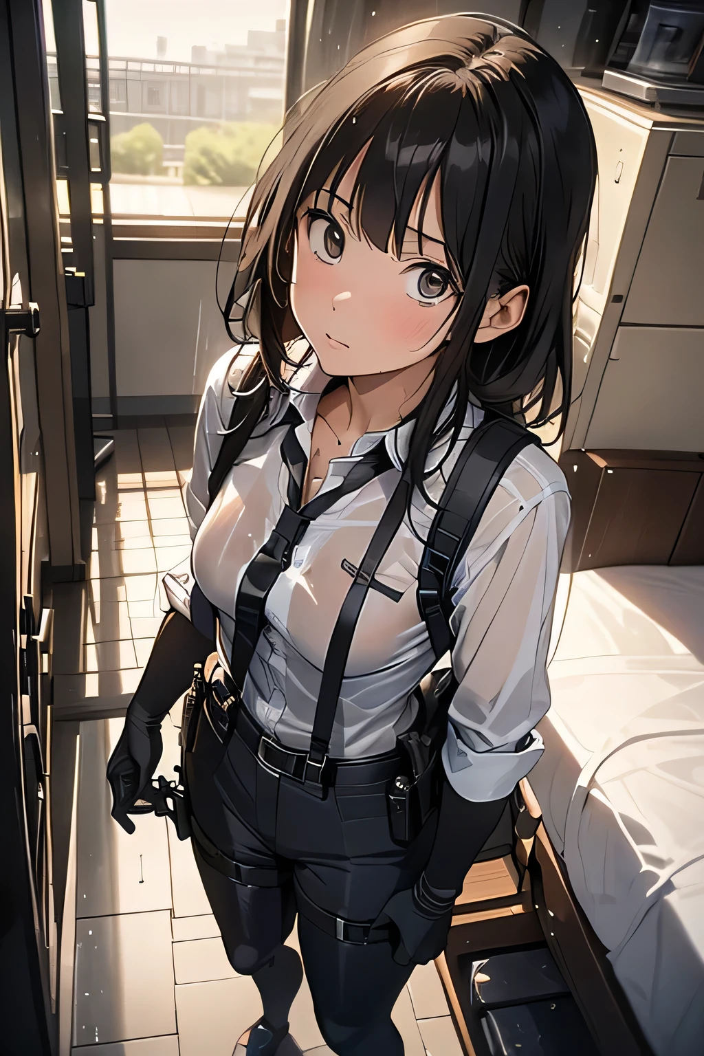 1 female, , high quality, masterpiece, Ultra-high resolution, , Cinema Lighting, , , And the suspenders with the cranes flying　　　Large Breasts　 　 　　　　Small face　 　　　holster　　　　　　　 Lying in bed　Looking up　　　　Sweat 　　　belt　summer　脇Sweat 　Black Hole Gloves　suit　shirt　　Black jacket　 Black trousers　Leg Links　ズボンにbelt　　holster　 　　Hands behind your back　 Anxious expression　Looking up　Anxious face, legs apart　Armament　　Cable ties　レッグholster　holster　See-through clothing　heavy rain　Getting wet in the rain