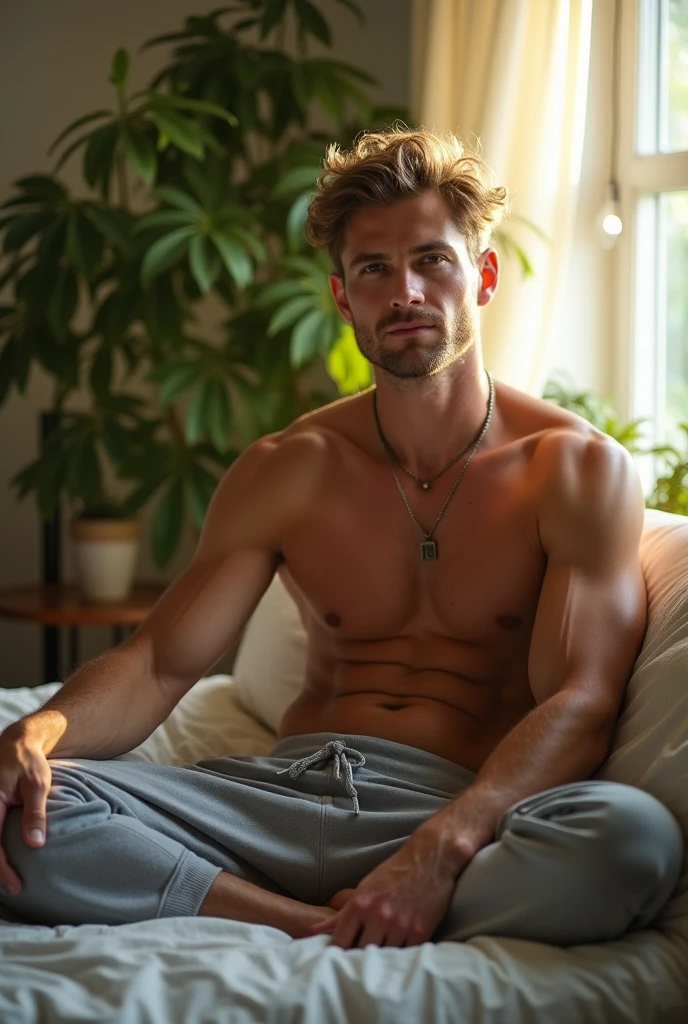 (photorealism:1.2), super cute man, white, super masculine, really muscular, sitting on bed, wearing grey sweatpants, short dirty blond hair, indoors, soft lighting, plants in background, window with sunlight, cozy room, relaxed pose, realistic, intricate details, 