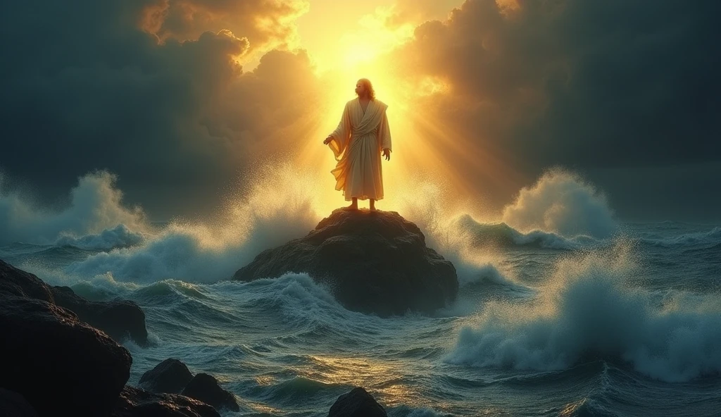 A symbolic vision of John the Baptist as a beacon of light in a stormy sea. The light emanating from it contrasts with the dark waves, representing hope and faith in difficult times.