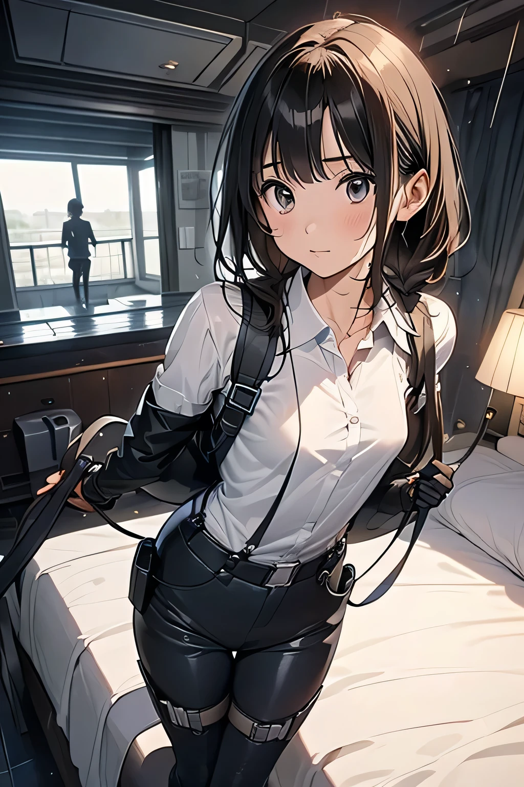 1 female, , high quality, masterpiece, Ultra-high resolution, , Cinema Lighting, , , And the suspenders with the cranes flying Large Breasts Small face holster Lying in bed Looking up Sweat belt summer 脇Sweat Black Hole Gloves suit shirt Black jacket Black trousers Leg Links ズボンにbelt holster Hands behind your back Anxious expression Looking up Anxious face, legs apart Armament Cable ties レッグholster holster See-through clothing heavy rain Getting wet in the rain