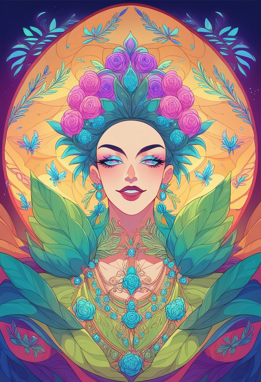 A vibrant cannabis-themed ballroom adorned with lush greenery and elegant cannabis leaf motifs, featuring opulent chandeliers made of shimmering glass resembling cannabis buds. The walls are decorated with intricate murals of cannabis plants in various stages of growth, blending psychedelic art styles and Art Deco elements. Guests in the ballroom are dressed in elegant attire with subtle cannabis patterns, mingling under soft, colorful lighting that creates a warm, inviting atmosphere, reminiscent of a roaring twenties speakeasy yet infused with a modern, botanical twist.