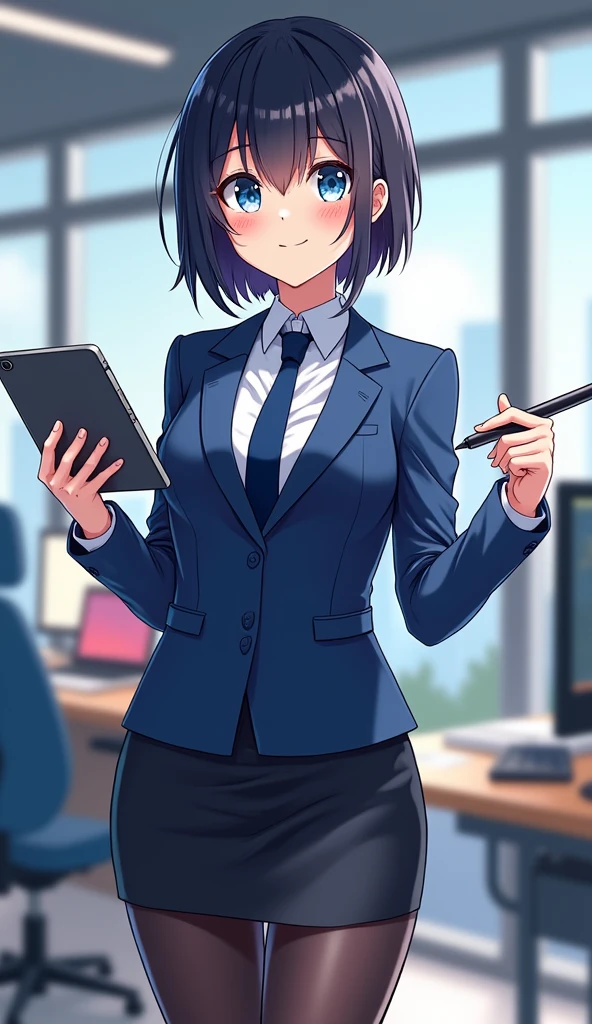 The young woman short black hair and blue eyes wear a blue suit, white shirt, dark blue necktie, black pencil skirt, black underpants, black tights, black socks, adidas white sneakers.
She wears the glasses, Her left hand holds a tablet, Her right hand holds a black pen of tablet, Her eyes are dazzled and smiled, cartoon anime, 4K, HD
