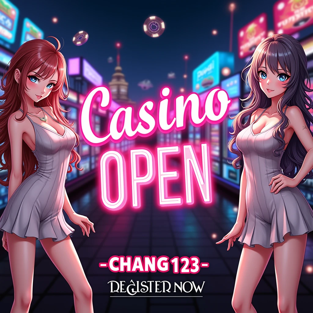 flyer that says "casino open, CHANG123 REGIST NOW" , flyer have two thailand anime girl standing and teasing in left and right, have big breast cleavage