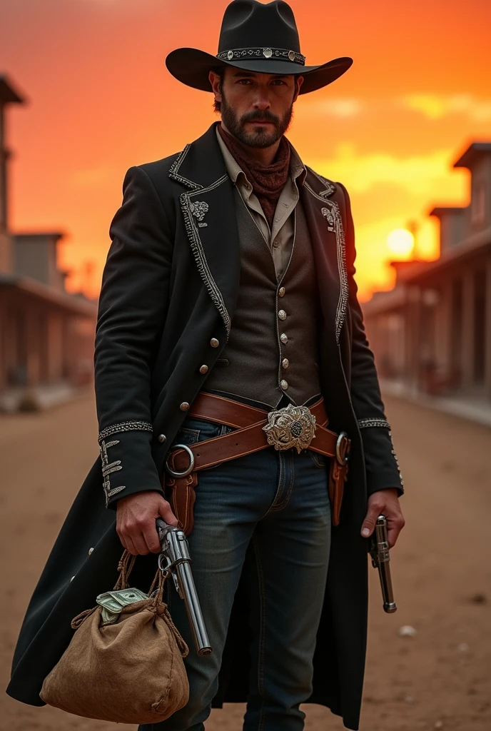30 year old man wearing a cowboy costume and the hat, he's holding his guns from the holster on his hip, he's carrying a bag full of money and a few money falling from the bag, he was robbing a bank at the town, he wear a black leather cowboy hat, vest, coat and a red mask