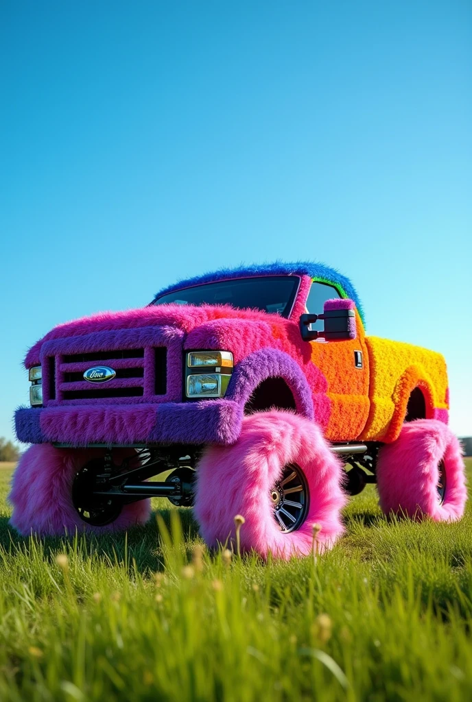 A heavy duty Ford pickup covered entirely with rainbow colored fur, with the tires covered with pink fur