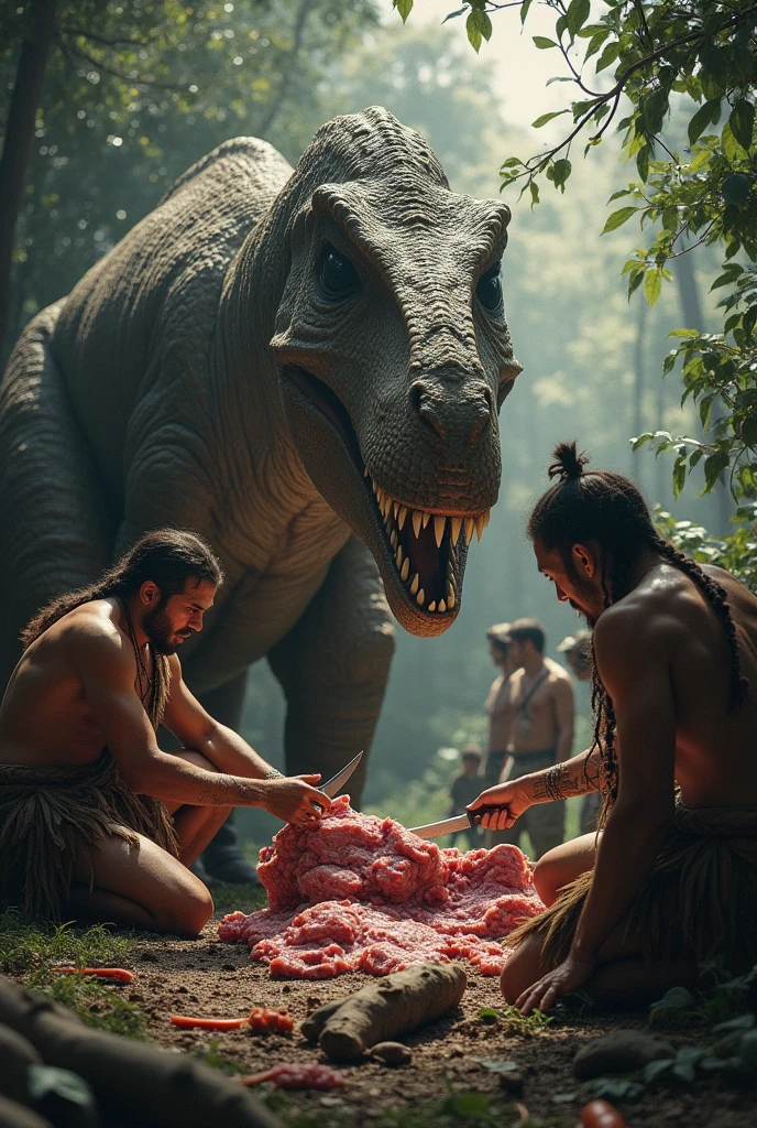 a group of primitive humans, one holding a knife, cutting meat from a dinosaur. Tilt shift photography. , detailed anatomy, detailed clothing, intricate details, highly detailed, award winning, masterpiece, 8k, photorealistic, dramatic lighting, moody atmosphere, earthy tones, gritty texture, rugged, realistic, cinematic.