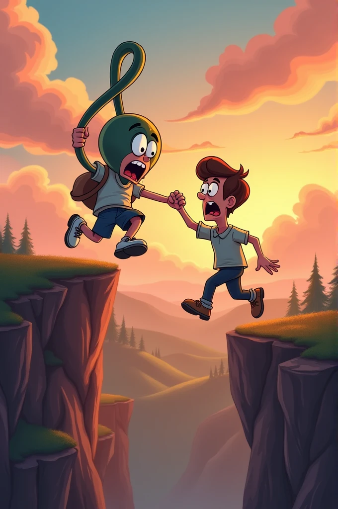 It's a man being held by a cartoon musical note ,The man is going to fall off a cliff and the cartoon is going to save his life by holding him by the hand