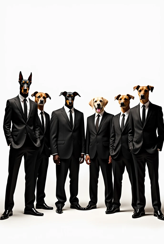 Six dogs in suits stand in a row on a white background. realistic,like a movie reservoir dog.