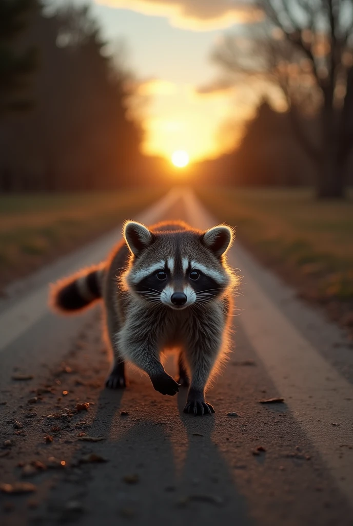 um guaxinim, with its fluttering tail, crossing the dirt road on a country road, your eyes illuminated by the headlights of a car.