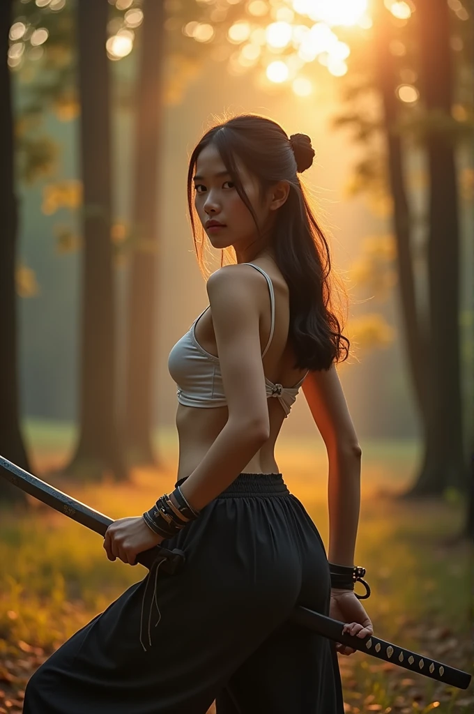 young asian, athletic body, beautiful face, delicate and innocent, with katana in hand, extremely perfect body, breasts small, wide hip, naked training in the forest at dusk, back view to camera.