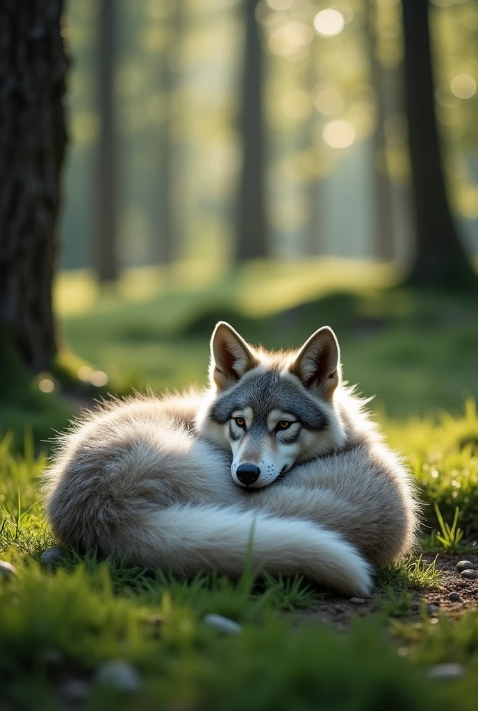 Image of a wolf curled up completely into a ball, creating a compact sphere