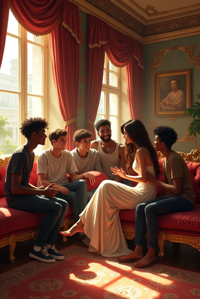 In a luxurious room, a girl is sitting and talking to 10 black boys.
