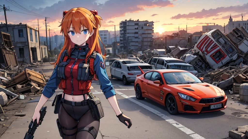(Surrealism), (ULTRA real:1.5), (masterpiece:1.5), (real), Super detail, details altos, high quality, Best Quality, High resolution, 1080P, HDD, (posing in a ruined city), (background buildings, with flames), (background zombies), (destroyed cars), (blurred landscape), (blurred background), (Weapons:1.2), Best Quality, masterpiece, (detail:1.4), black beret, shows the navel, tenure, arma tenure arma, military, heavy rifle, light machine gun, cargo vest, using tactical equipment, tactical girl, bermuda corta, beautiful slim body, Long Orange Hair, blue eyes, uniforme military azul, Asuka Langley, thigh high socks, medium chest, confident smile,