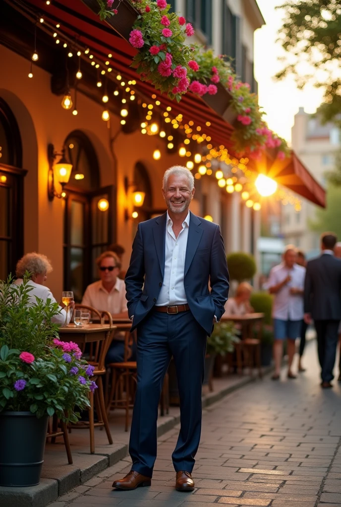 A hotel owner standing in front of a thriving hotel.