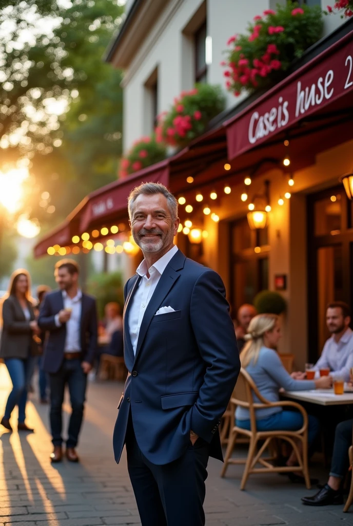 A hotel owner standing in front of a thriving hotel.